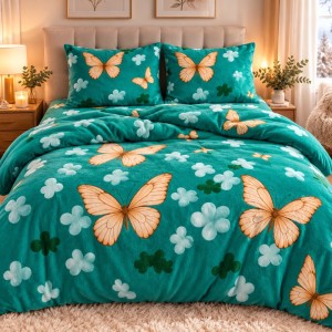 Lenjerie pat dublu, Super Pufoasa COCOLINO,cu ELASTIC, 4 piese, Turquoise, Fluturi