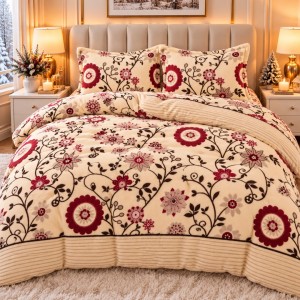 Lenjerie pat dublu, Super Pufoasa COCOLINO, 4 piese, Bej, Flori