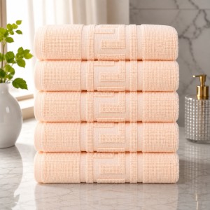 Set 5 prosoape medii, Greek Border, 50x90cm, din 100% bumbac pakistanez,  480g, Piersica deschis