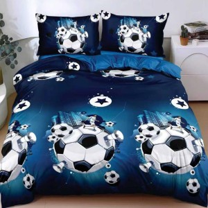 Lenjerie pat dublu, bumbac satinat, cearsaf clasic, 4 piese, Albastru, mingii de fotbal