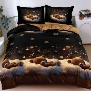 Lenjerie pat dublu, bumbac satinat, cearsaf clasic, 4 piese, Negru, Maro, ursuleti