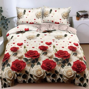 Lenjerie pat dublu, bumbac satinat, cearsaf clasic, 4 piese, Albastru, Bej, trandafiri rosii
