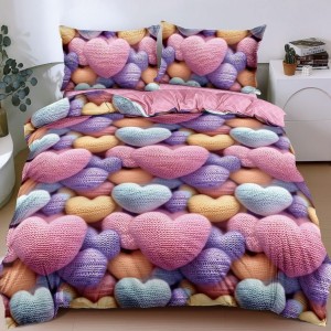 Lenjerie pat dublu, bumbac satinat, cearsaf clasic, 4 piese, Albastru, Roz, inimioare colorate