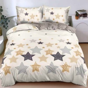 Lenjerie pat dublu, bumbac satinat, cearsaf clasic, 4 piese, Albastru, Crem, stelute