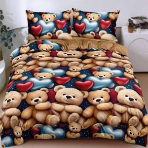 Lenjerie pat dublu, bumbac satinat, cearsaf clasic, 4 piese, Maro, ursuleti