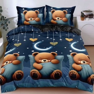 Lenjerie pat dublu, bumbac satinat, cearsaf clasic, 4 piese, Albastru, ursuleti