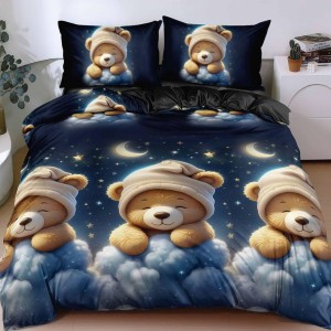 Lenjerie pat dublu, bumbac satinat, cearsaf clasic, 4 piese, Albastru, ursuleti