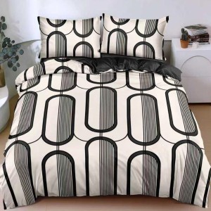 Lenjerie pat dublu, bumbac satinat, cearsaf clasic, 4 piese, Crem, abstract