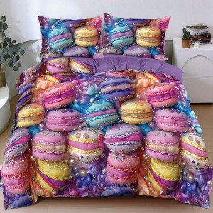 Lenjerie pat dublu, bumbac satinat, cearsaf clasic, 4 piese, Mov,  multicolor, macarons