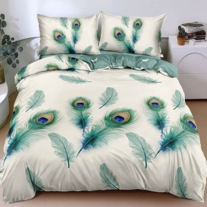 Lenjerie pat dublu, bumbac satinat, cearsaf clasic, 4 piese, Alb, Verde, pene de paun