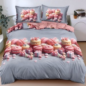 Lenjerie pat dublu, bumbac satinat, cearsaf clasic, 4 piese, Bleu, Roz, macarons