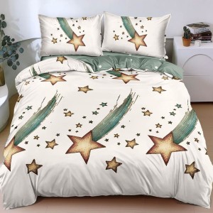 Lenjerie pat dublu, bumbac satinat, cearsaf clasic, 4 piese, Alb, stelute