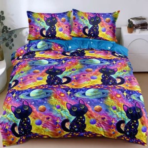 Lenjerie pat dublu, bumbac satinat, cearsaf clasic, 4 piese, Albastru, Mov, Galben, pisicute, planete