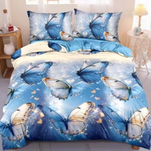 Lenjerie pat dublu, bumbac satinat, cearsaf clasic, 4 piese, Albastru, fluturi