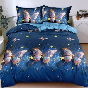 Lenjerie pat dublu, bumbac satinat, cearsaf clasic, 4 piese, Albastru, fluturi