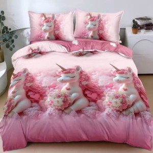 Lenjerie pat dublu, bumbac satinat, cearsaf clasic, 4 piese, Roz, unicorni