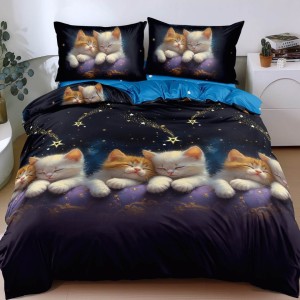 Lenjerie pat dublu, cearsaf clasic, 4 piese, Albastru, Negru, pisicute