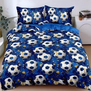 Lenjerie pat dublu, bumbac satinat, cearsaf clasic, 4 piese, Albastru, mingii de fotbal