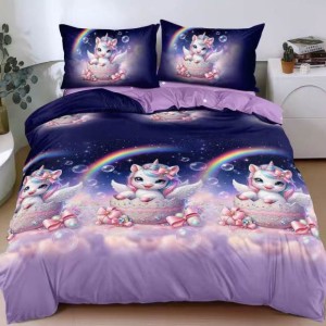 Lenjerie pat dublu, bumbac satinat, cearsaf clasic, 4 piese, Albastru, Mov, unicorni