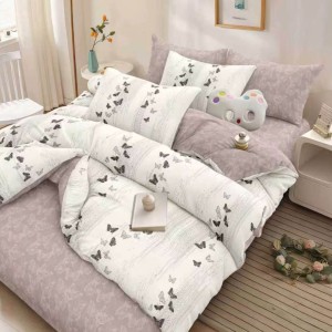 Lenjerie pat dublu, cearsaf clasic, 4 piese, Gri, fluturi