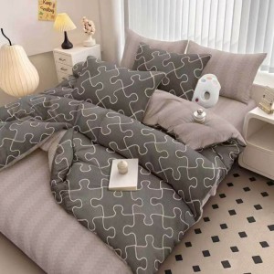 Lenjerie pat dublu, bumbac satinat, cearsaf clasic, 4 piese, Gri, puzzle