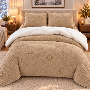 Lenjerie de Pat Dublu, CoCoLiNo Ultra Pufoasă, cu Blanita Sherpa Alba, 4 piese, Cearșaf cu ELASTIC, Model Traditional 3D, Bej nisipiu