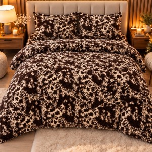 Lenjerie pat dublu, Super Pufoasa COCOLINO,cu ELASTIC, 4 piese, Bej-Maro, Animal Print