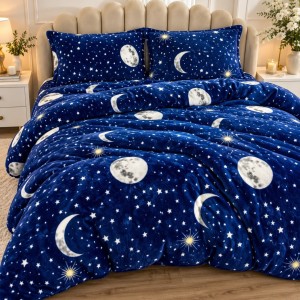 Lenjerie pat dublu, Super Pufoasa COCOLINO,cu ELASTIC, 4 piese, Albastru, Stele si Luna