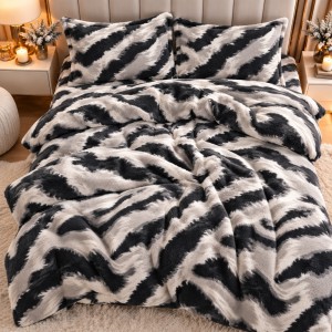 Lenjerie pat dublu cu Elastic, Super Pufoasa COCOLINO, 4 piese, gri, negru, animal print