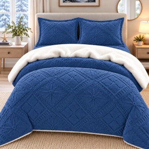 Lenjerie de Pat Dublu, CoCoLiNo Ultra Pufoasă, cu Blanita Sherpa Alba, 4 piese, Cearșaf cu ELASTIC, Model Traditional 3D, Albastru Lenjerie de Pat Dublu, CoCoLiNo Ultra Pufoasă, cu Blanita Sherpa Alba, 4 piese, Cearșaf cu ELASTIC, Model Traditional 3D, Albastru