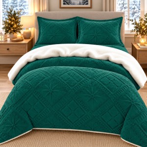 Lenjerie de Pat Dublu, CoCoLiNo Ultra Pufoasă, cu Blanita Sherpa Alba, 4 piese, Cearșaf cu ELASTIC, Model Traditional 3D, Verde Lenjerie de Pat Dublu, CoCoLiNo Ultra Pufoasă, cu Blanita Sherpa Alba, 4 piese, Cearșaf cu ELASTIC, Model Traditional 3D, Verde