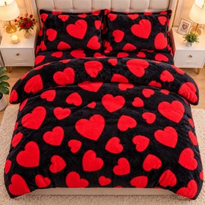 Lenjerie pat dublu, Super Pufoasa COCOLINO,cu ELASTIC, 4 piese, Negru, Inimioare