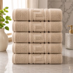 Set 5 prosoape medii, Greek Border, 50x90cm, din 100% bumbac pakistanez,  480g, Bej