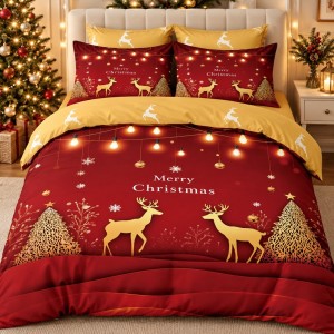 Lenjerie pat dublu, FINET, Imprimeu Digital 5D - Identic cu poza, Cu ELASTIC, 6 piese, Rosu, Bej, Reni, Merry Christmas