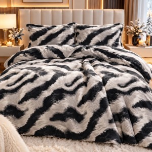 Lenjerie pat dublu, Super Pufoasa COCOLINO,cu ELASTIC, 4 piese, Gri, Negru, Zebra