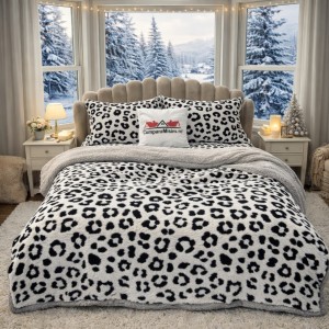 Lenjerie pat dublu, din Blanita Cocolino Sherpa, cu ELASTIC, 4 piese, Alb, Leopard Print