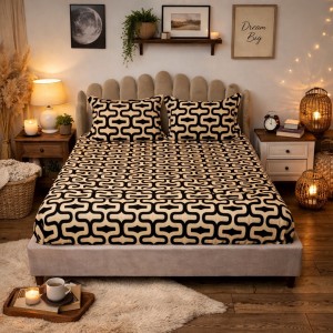 Cearsaf cu Elastic Cocolino 180x200cm si 2 fete de perna 50x70cm, Bej, Maro, Forme Geometrice