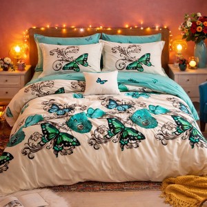Lenjerie pat dublu, Finet, 6 piese, Turcuaz, fluturi Lenjerie pat dublu, Finet, 6 piese, Turcuaz, fluturi