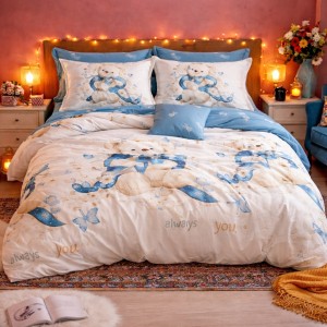 Lenjerie pat dublu cu ELASTIC, Finet, 6 piese, Bleu, ursuleti