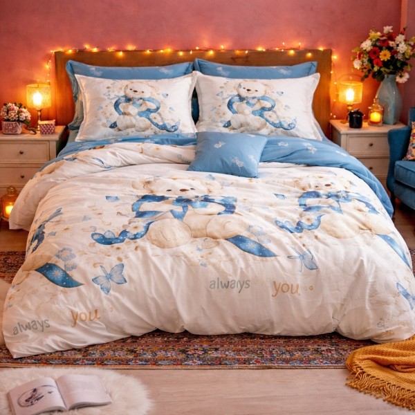 Lenjerie pat dublu cu ELASTIC, Finet, 6 piese, Bleu, ursuleti [1]