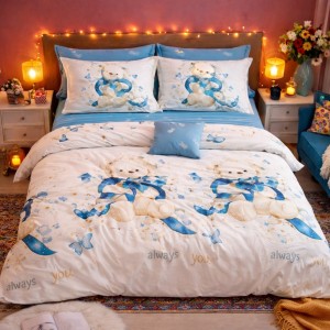 Lenjerie pat dublu, Finet, 6 piese, Bleu, ursuleti