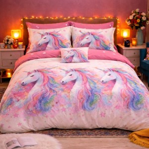 Lenjerie pat dublu cu ELASTIC, Finet, 6 piese, Roz, Bleu, unicorni fantasy