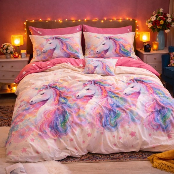 Lenjerie pat dublu, Finet, 6 piese, Roz, Bleu, unicorni fantasy [1]