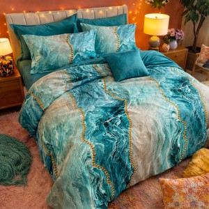 Lenjerie pat dublu, Finet, 6 piese, Albastru Aqua, valuri abstracte, perle