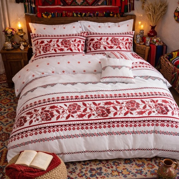 Lenjerie pat dublu, Finet, 6 piese, Alb-Rosu, model traditional [1]