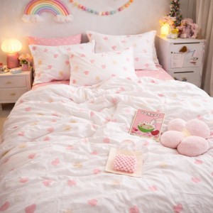 Lenjerie pat dublu cu ELASTIC, Finet, 6 piese, Alb, Roz, inimioare