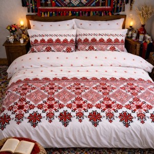 Lenjerie pat dublu, Finet, 6 piese, Alb-Rosu, model traditional