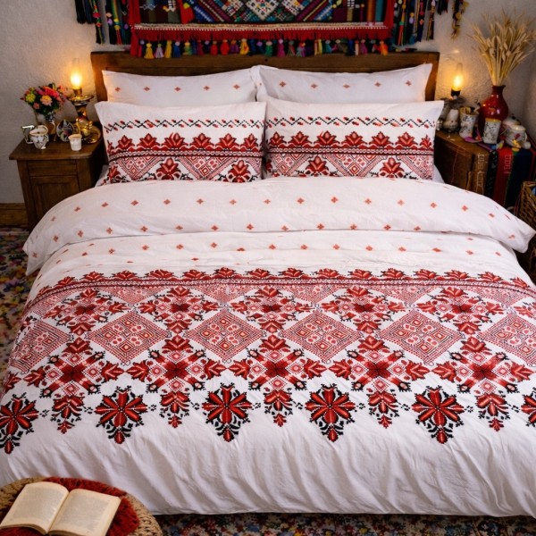 Lenjerie pat dublu, Finet, 6 piese, Alb-Rosu, model traditional [1]