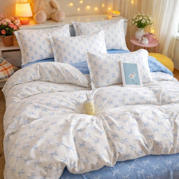 Lenjerie pat dublu, Finet, 6 piese, Verde, flori, Bleu, fundite [1]