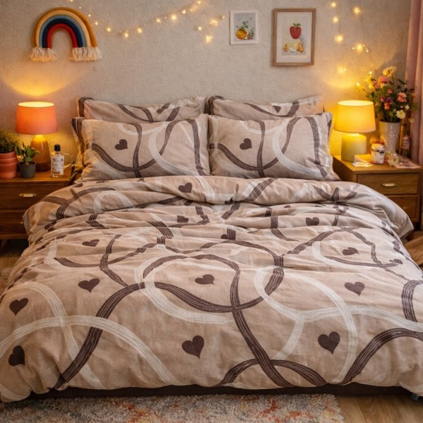 Lenjerie pat dublu, Finet, 6 piese, Maro, inimioare [1]
